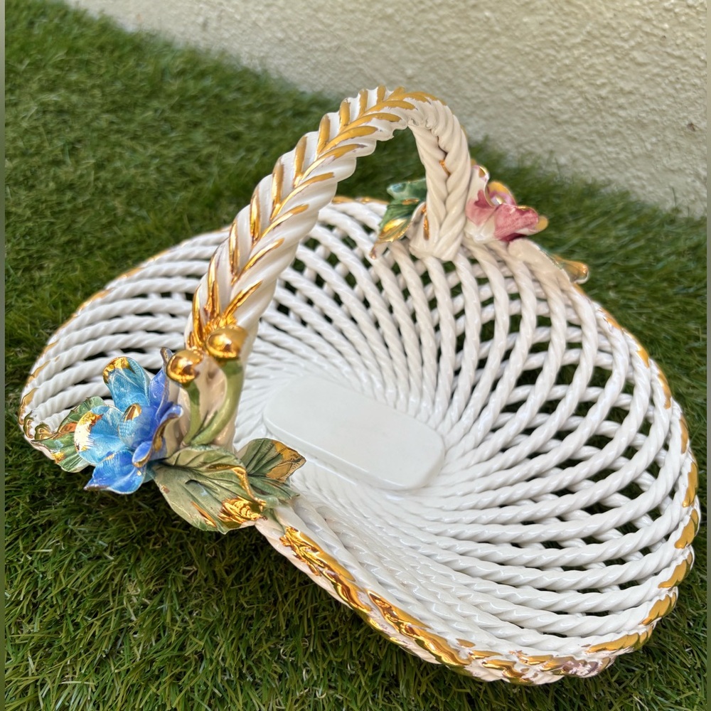 Vintage Capodimonte Made In Italy Porcelain Woven Basket with Floral Details